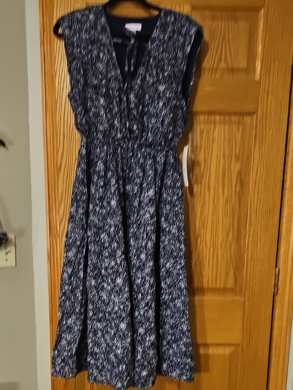 Calvin Klein Navy and White Sleeveless Midi Dress with V-Neck